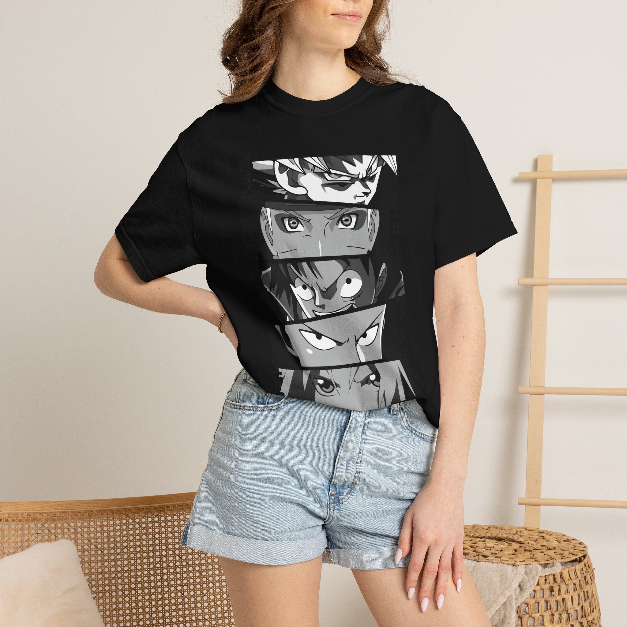 Anime Eyes Panel T-Shirt — Monochrome Shonen Character Collage