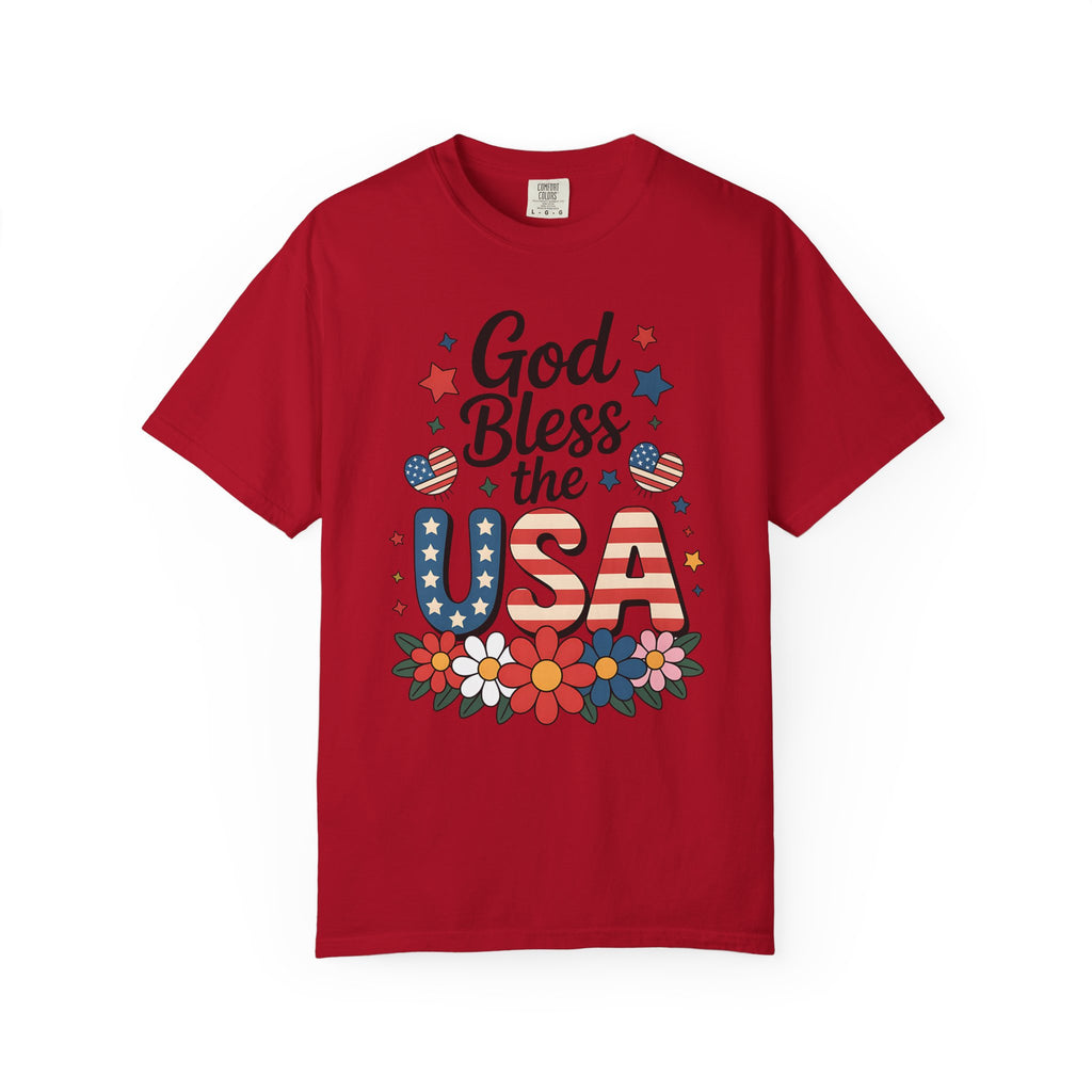 God Bless the USA T-Shirt — Patriotic Floral Independence Day Tee