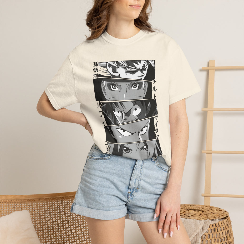 Anime Eyes Panel T-Shirt — Monochrome Shonen Character Collage