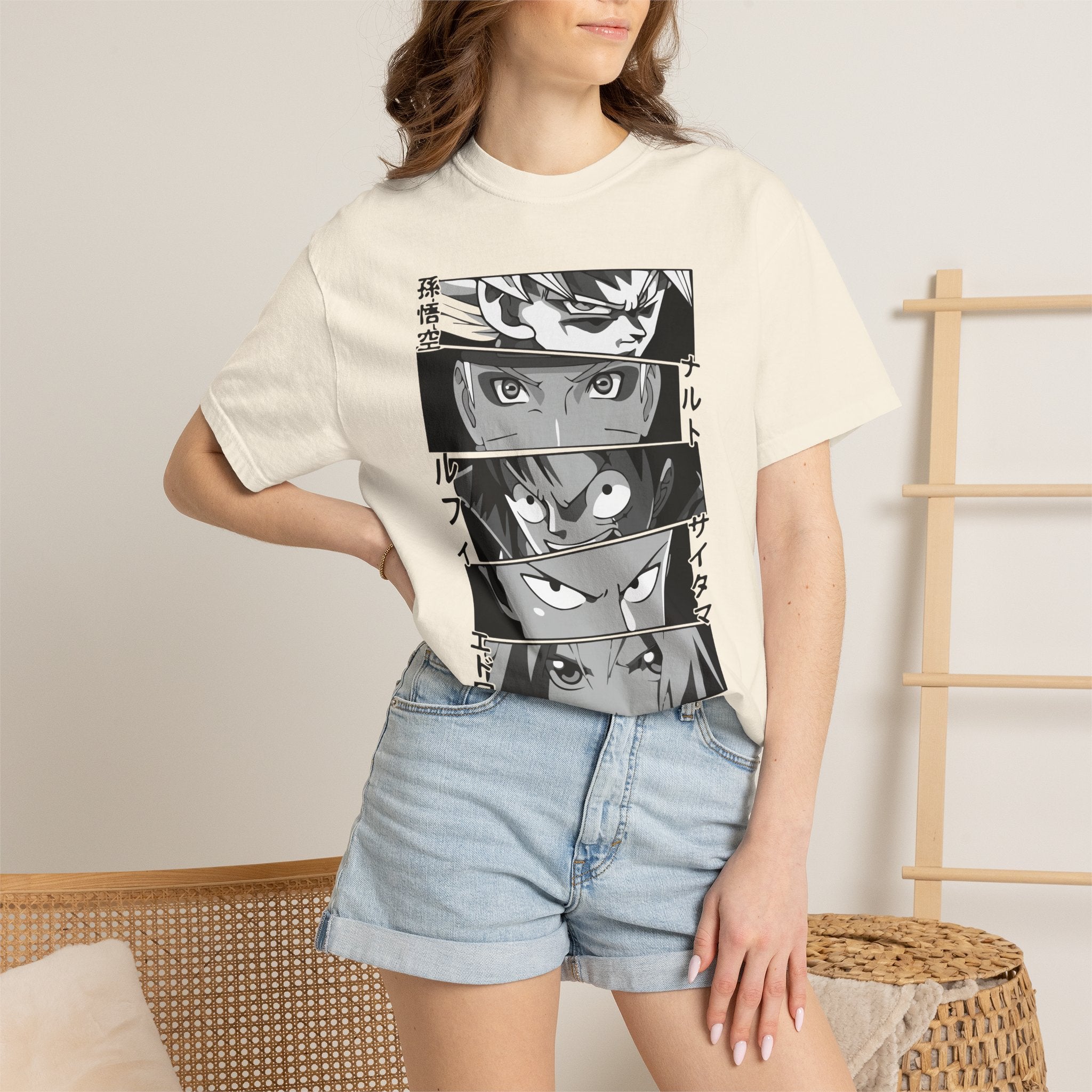 Anime Eyes Panel T-Shirt — Monochrome Shonen Character Collage