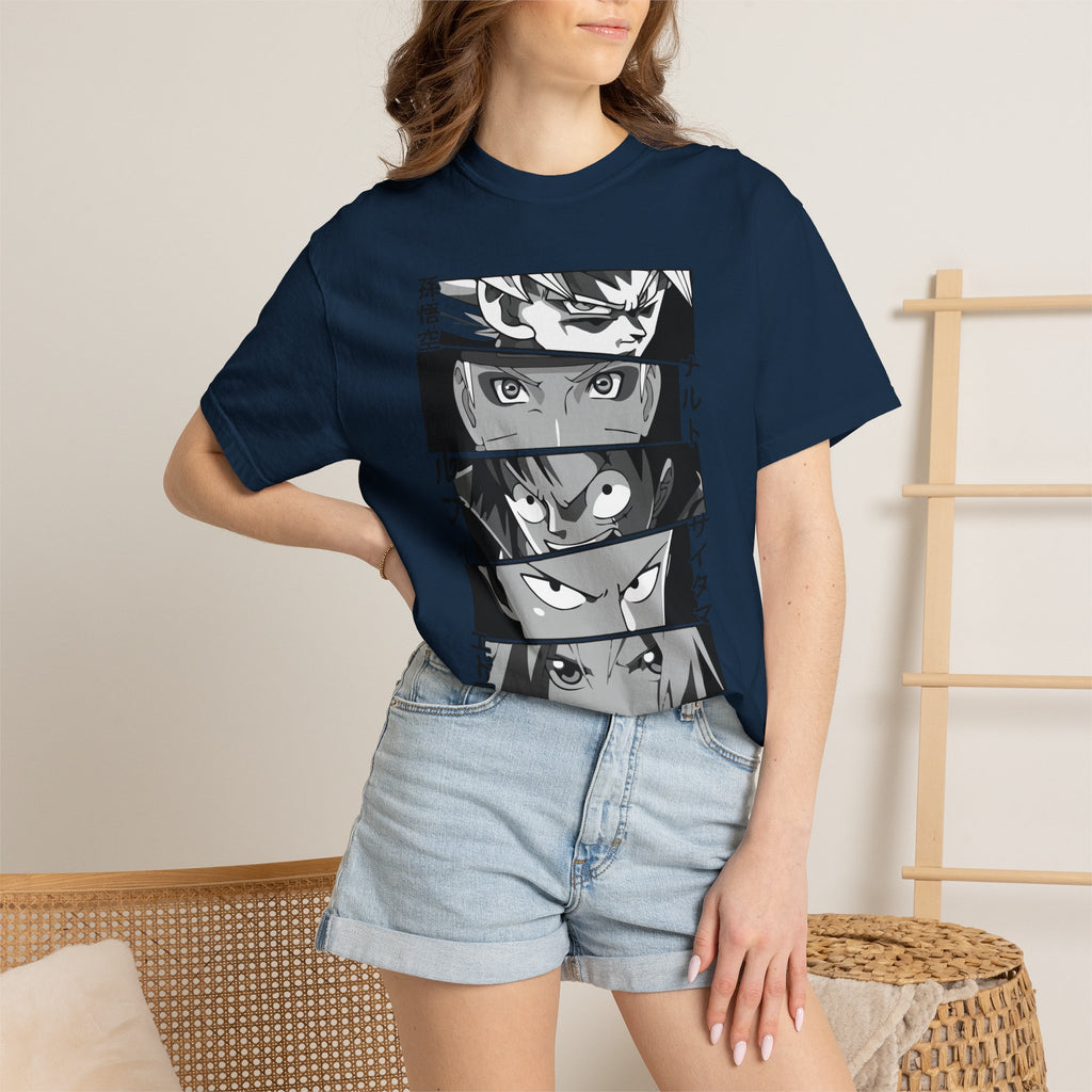 Anime Eyes Panel T-Shirt — Monochrome Shonen Character Collage