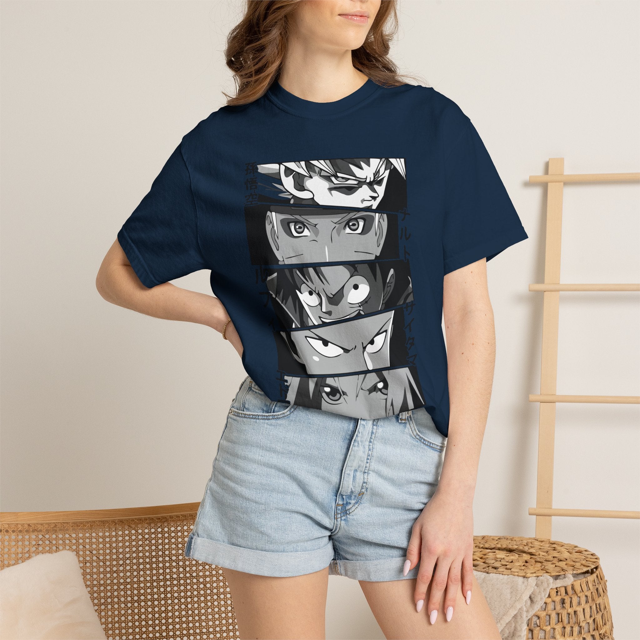 Anime Eyes Panel T-Shirt — Monochrome Shonen Character Collage