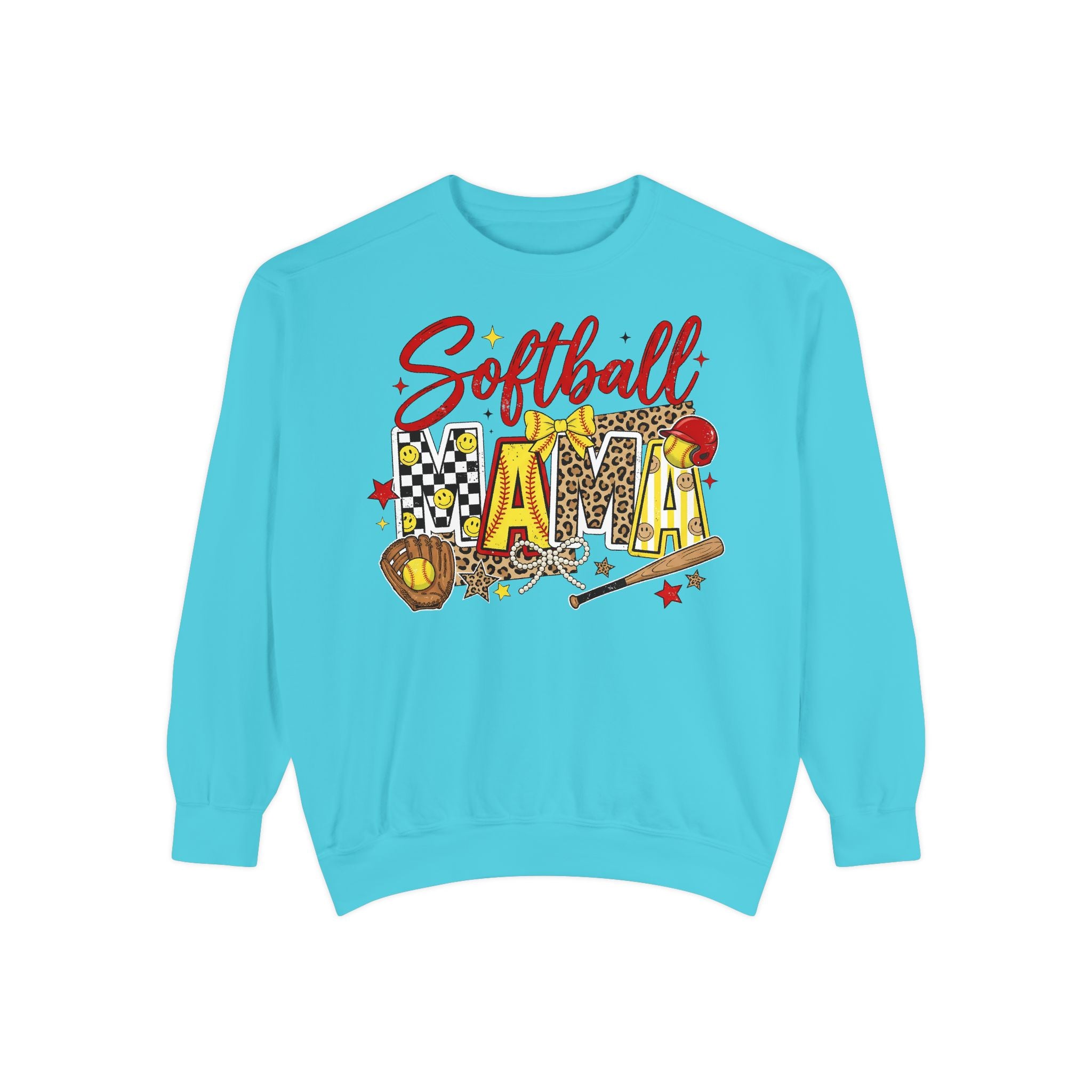 Softball Mama Sweatshirt — Retro Leopard & Checkerboard Softball Mom Crewneck