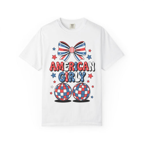 American Girly T-Shirt — Patriotic Red White Blue Bow & Disco Balls