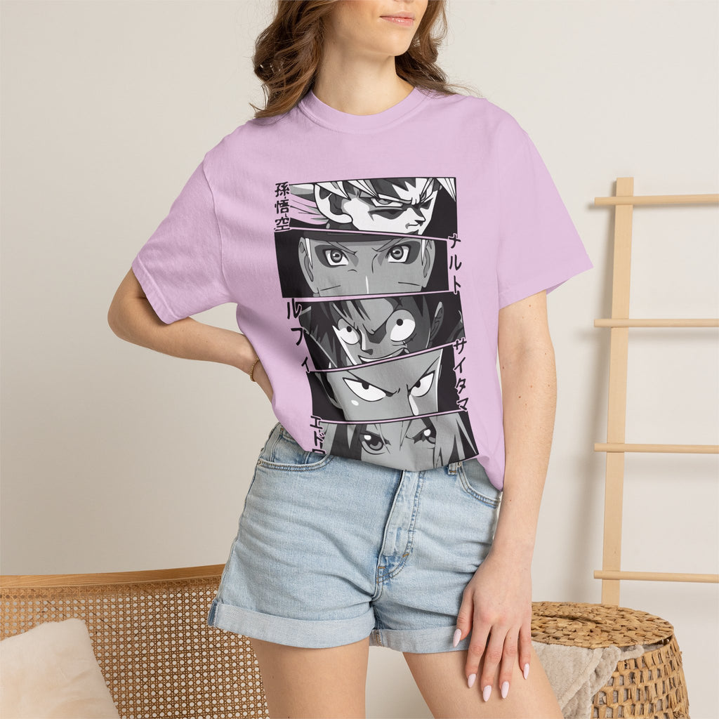 Anime Eyes Panel T-Shirt — Monochrome Shonen Character Collage