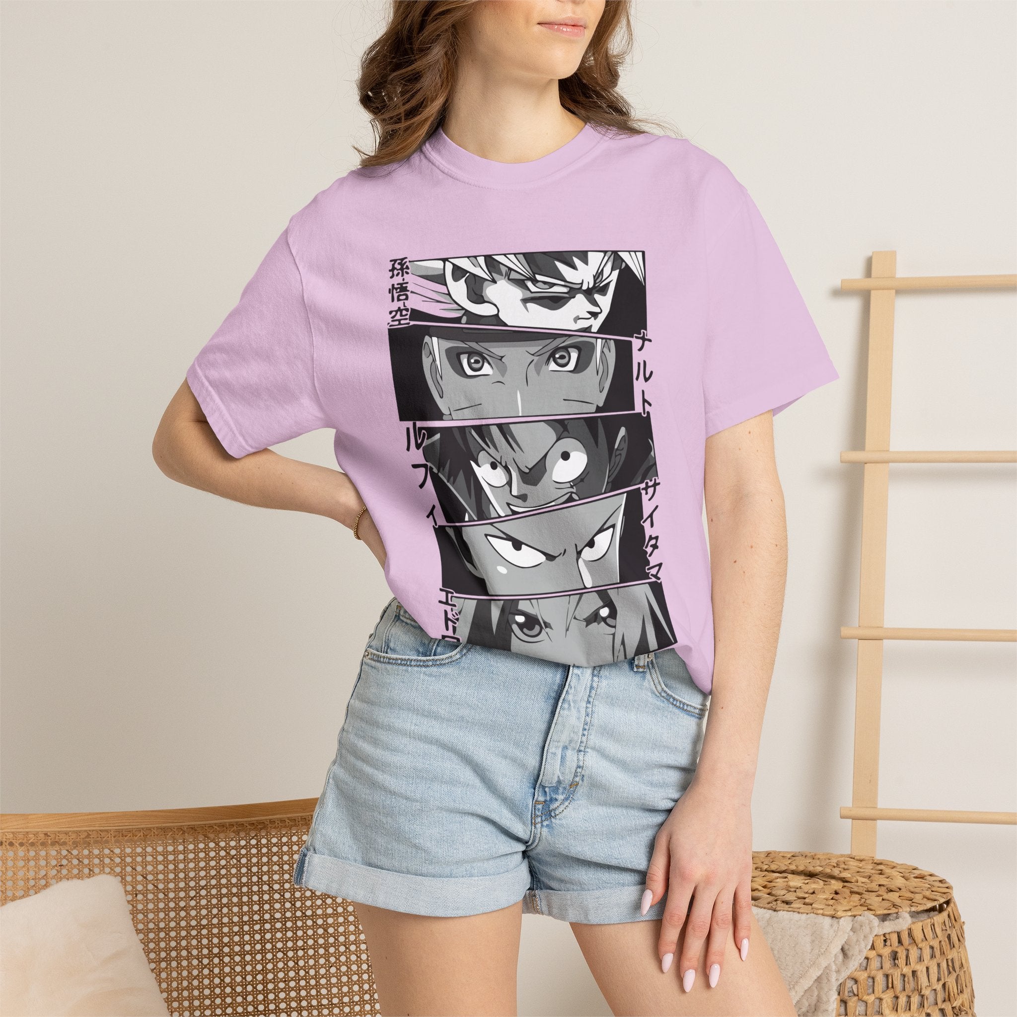 Anime Eyes Panel T-Shirt — Monochrome Shonen Character Collage