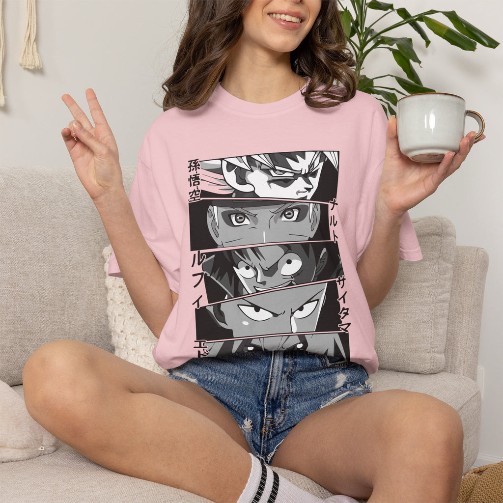 Anime Eyes Panel T-Shirt — Monochrome Shonen Character Collage
