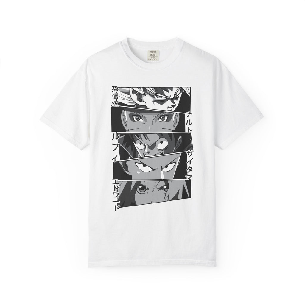Anime Eyes Panel T-Shirt — Monochrome Shonen Character Collage