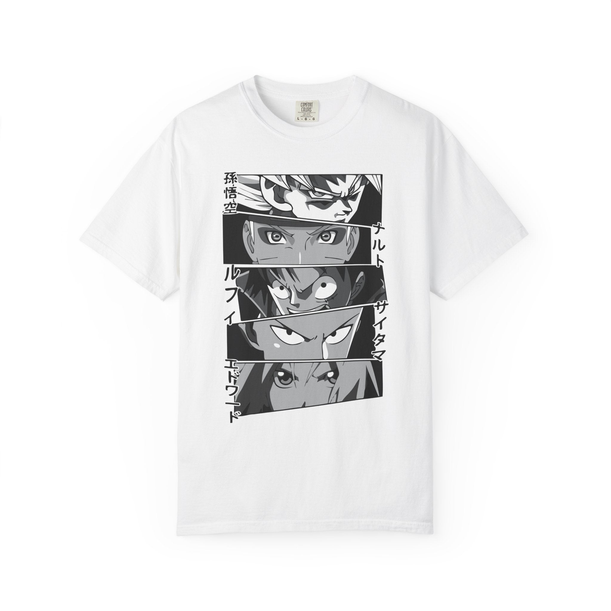 Anime Eyes Panel T-Shirt — Monochrome Shonen Character Collage