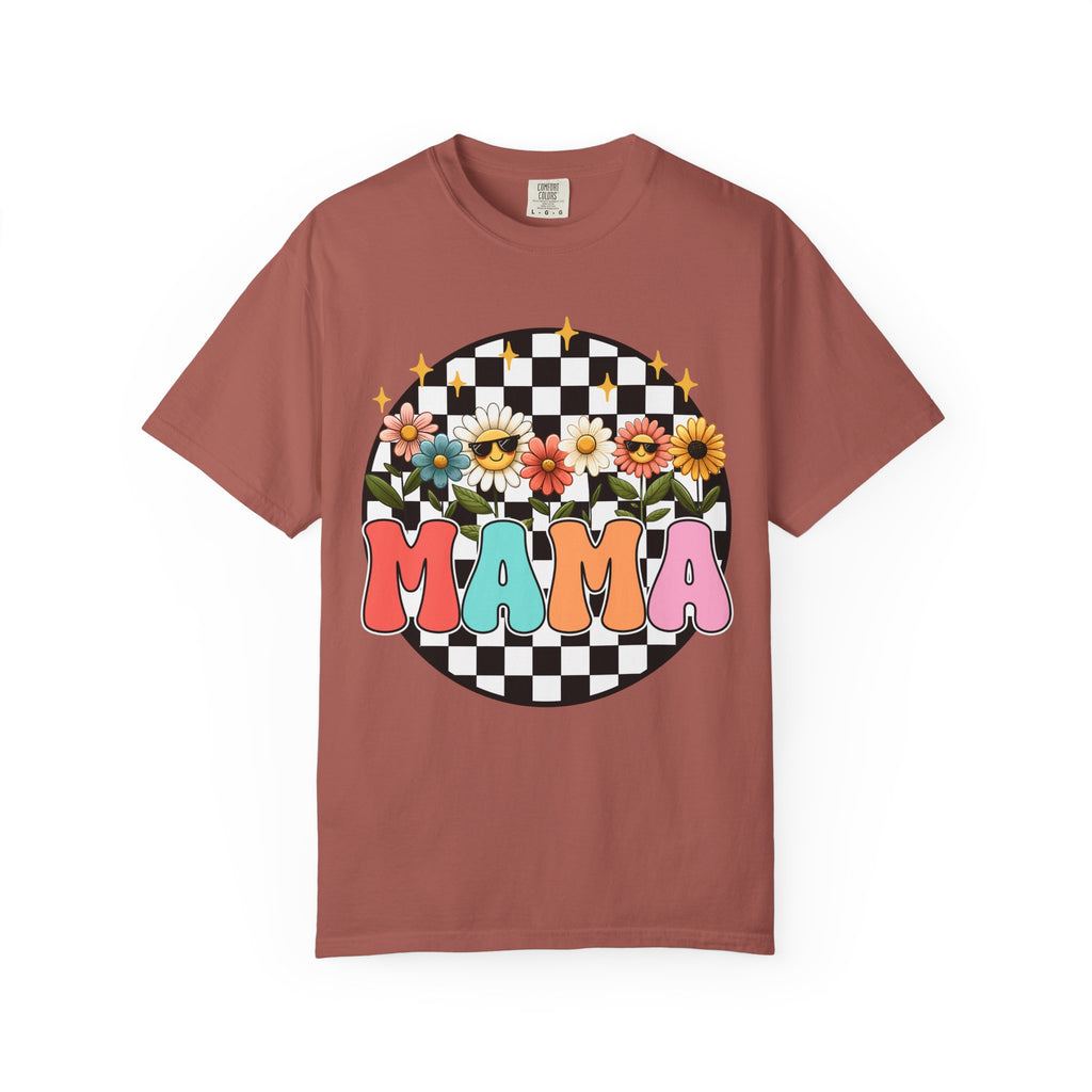 Mama Floral Checkerboard T-Shirt — Retro Sunflower Mom Tee (Mother's Day Gift)