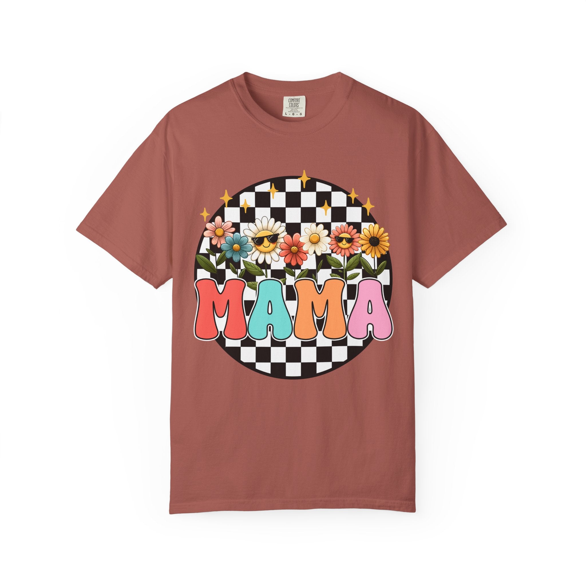 Mama Floral Checkerboard T-Shirt — Retro Sunflower Mom Tee (Mother's Day Gift)
