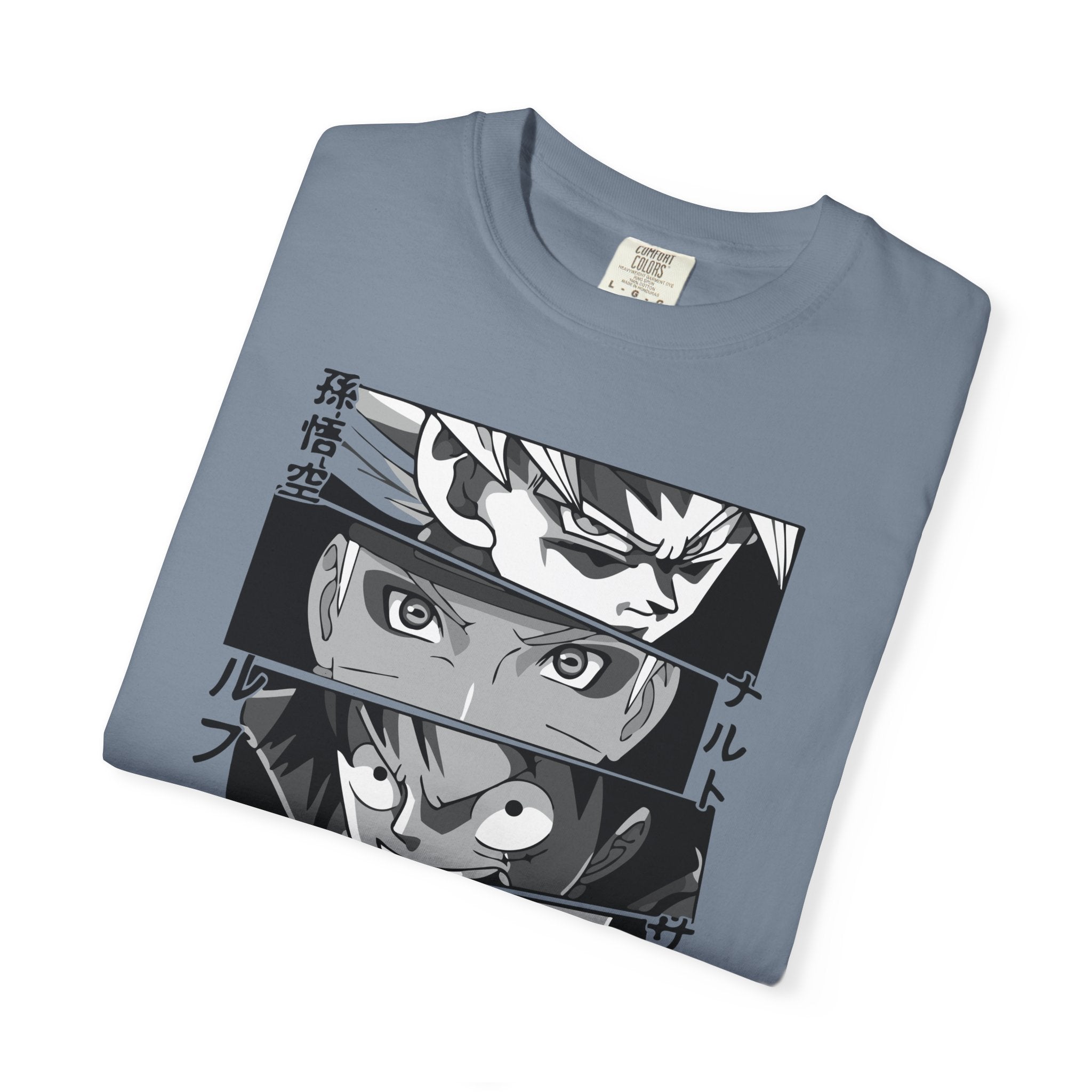 Anime Eyes Panel T-Shirt — Monochrome Shonen Character Collage