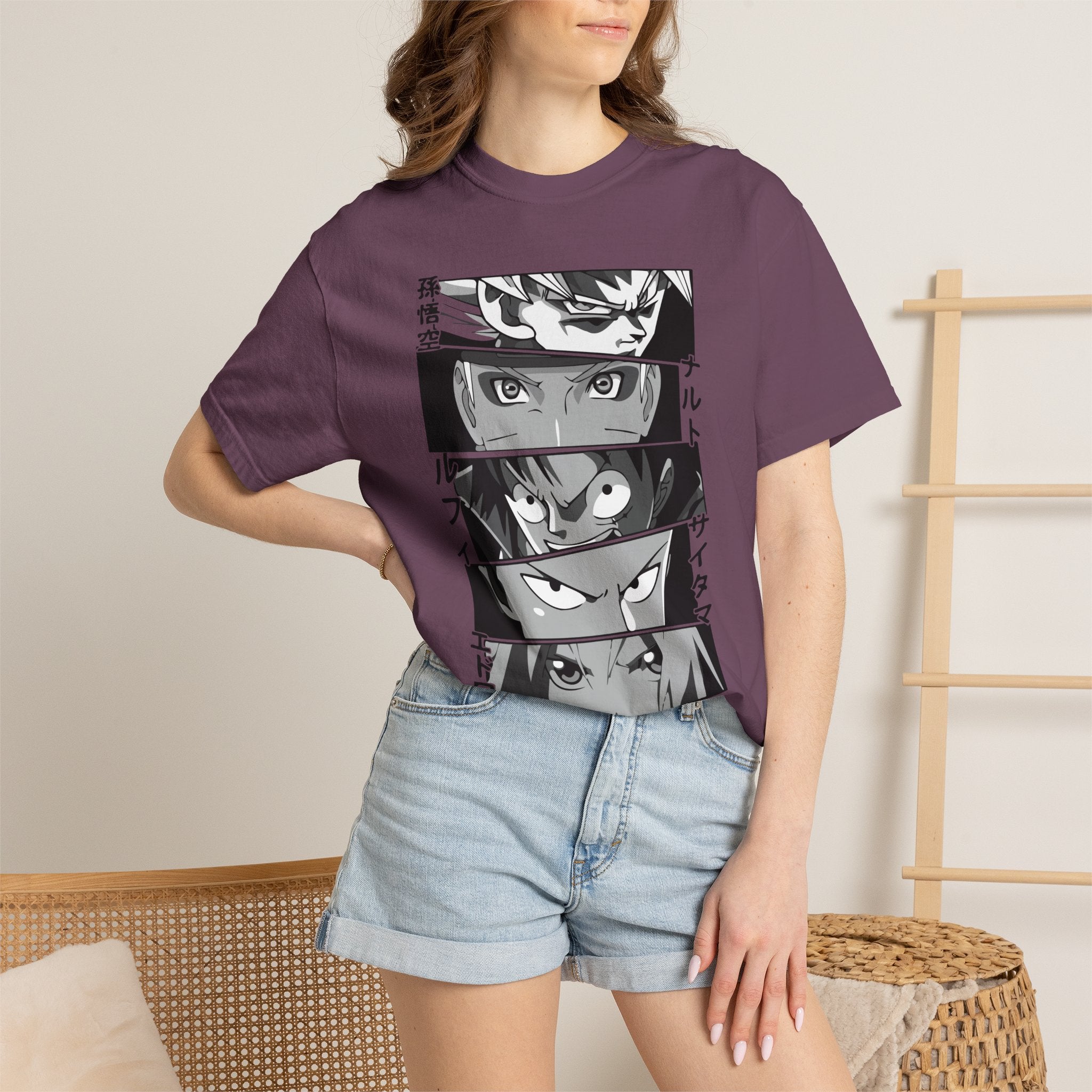 Anime Eyes Panel T-Shirt — Monochrome Shonen Character Collage